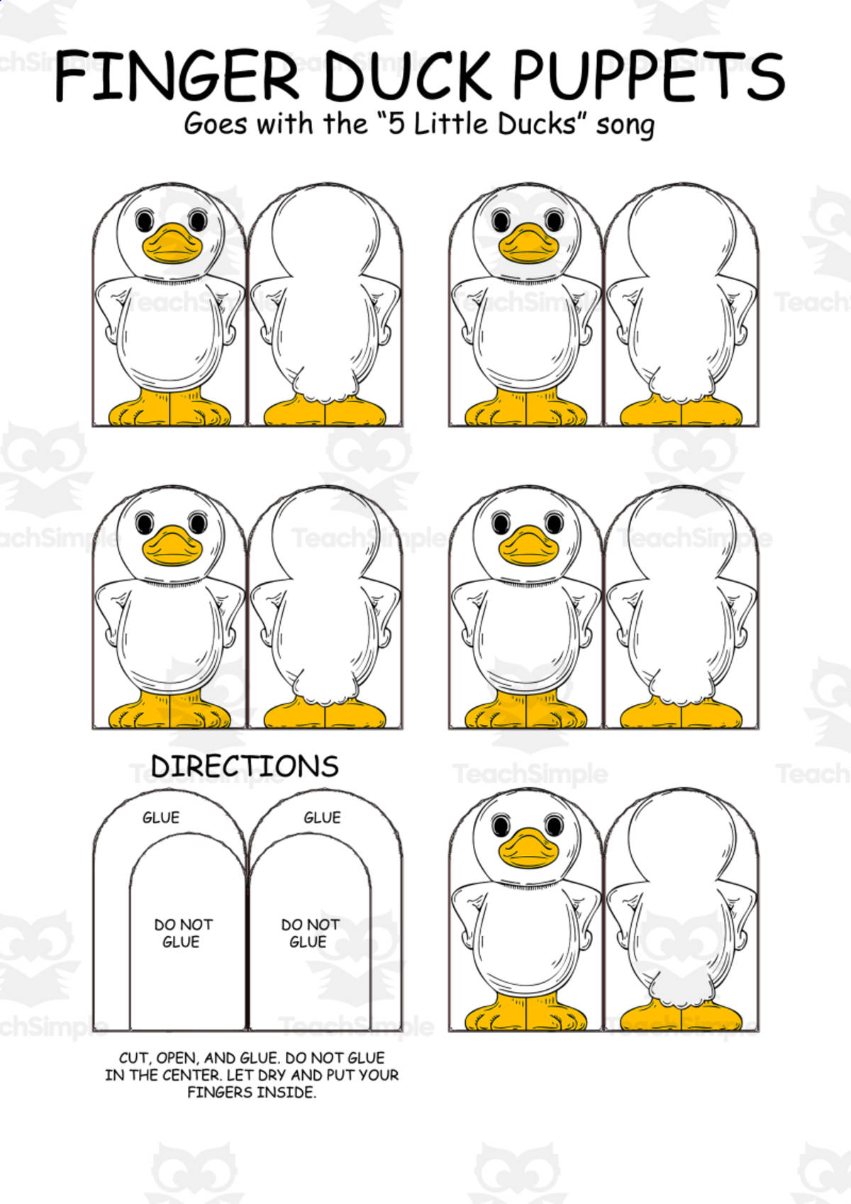 An educational teaching resource from Nathan entitled 5 Little Ducks Finger Puppets downloadable at Teach Simple.