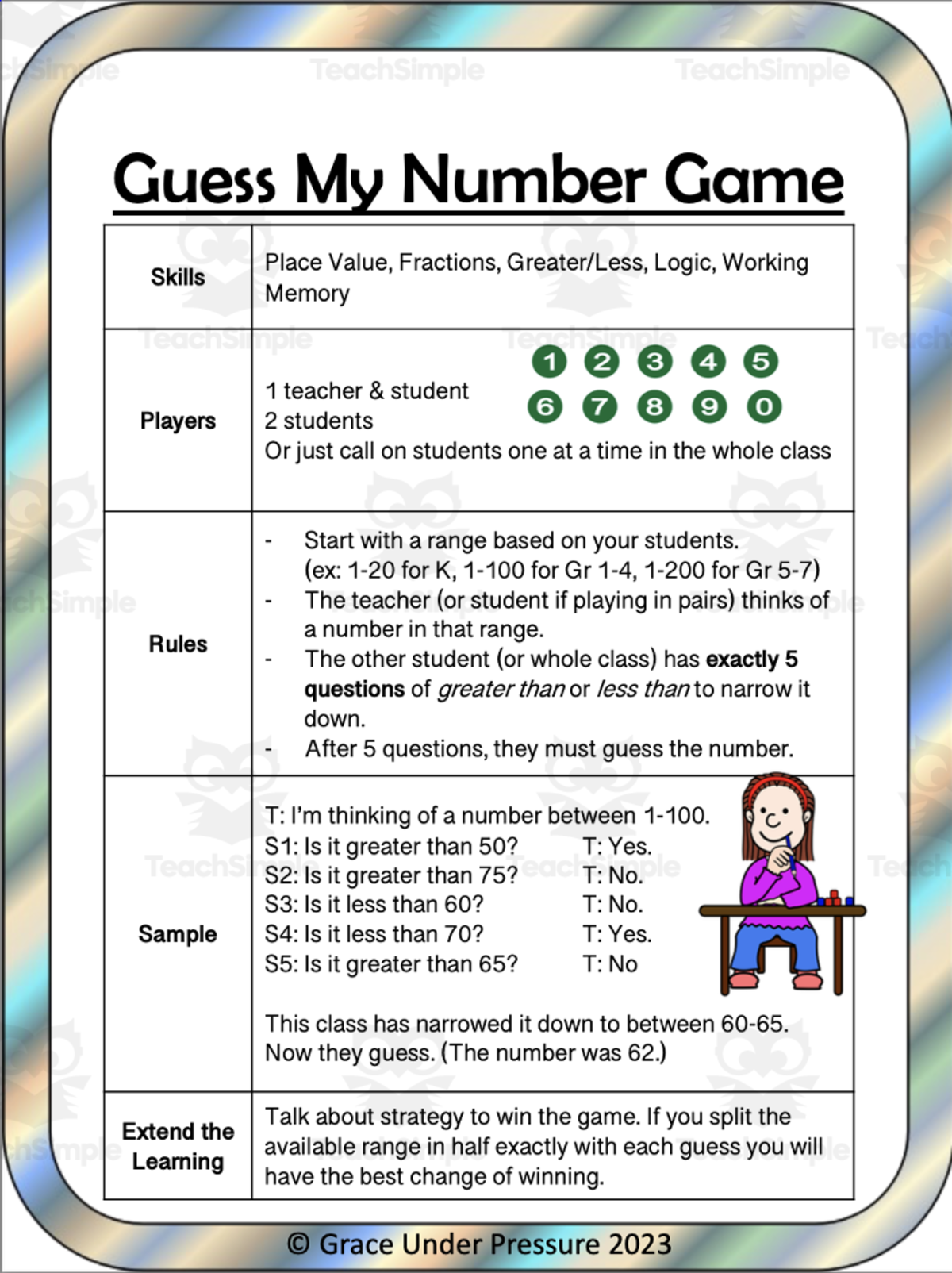 An educational teaching resource from Grace Under Pressure entitled 5 Minute Game: Guess My Number downloadable at Teach Simple.