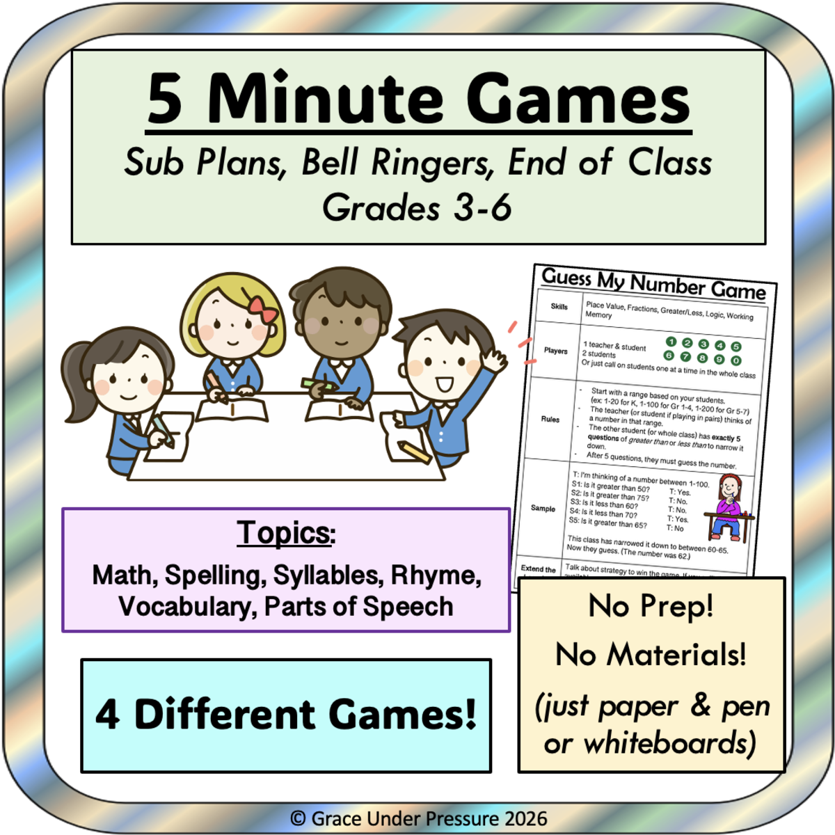 An educational teaching resource from Grace Under Pressure entitled 5 Minute Games Bundle: Super Simple No-Prep Games for Elementary Students (ELA & Math) downloadable at Teach Simple.
