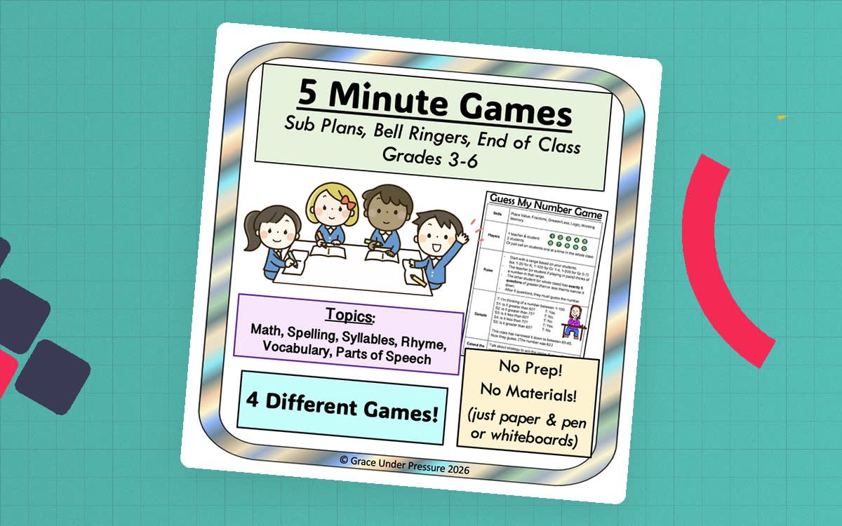 An educational teaching resource from Grace Under Pressure entitled 5 Minute Games Bundle: Super Simple No-Prep Games for Elementary Students (ELA & Math) downloadable at Teach Simple.