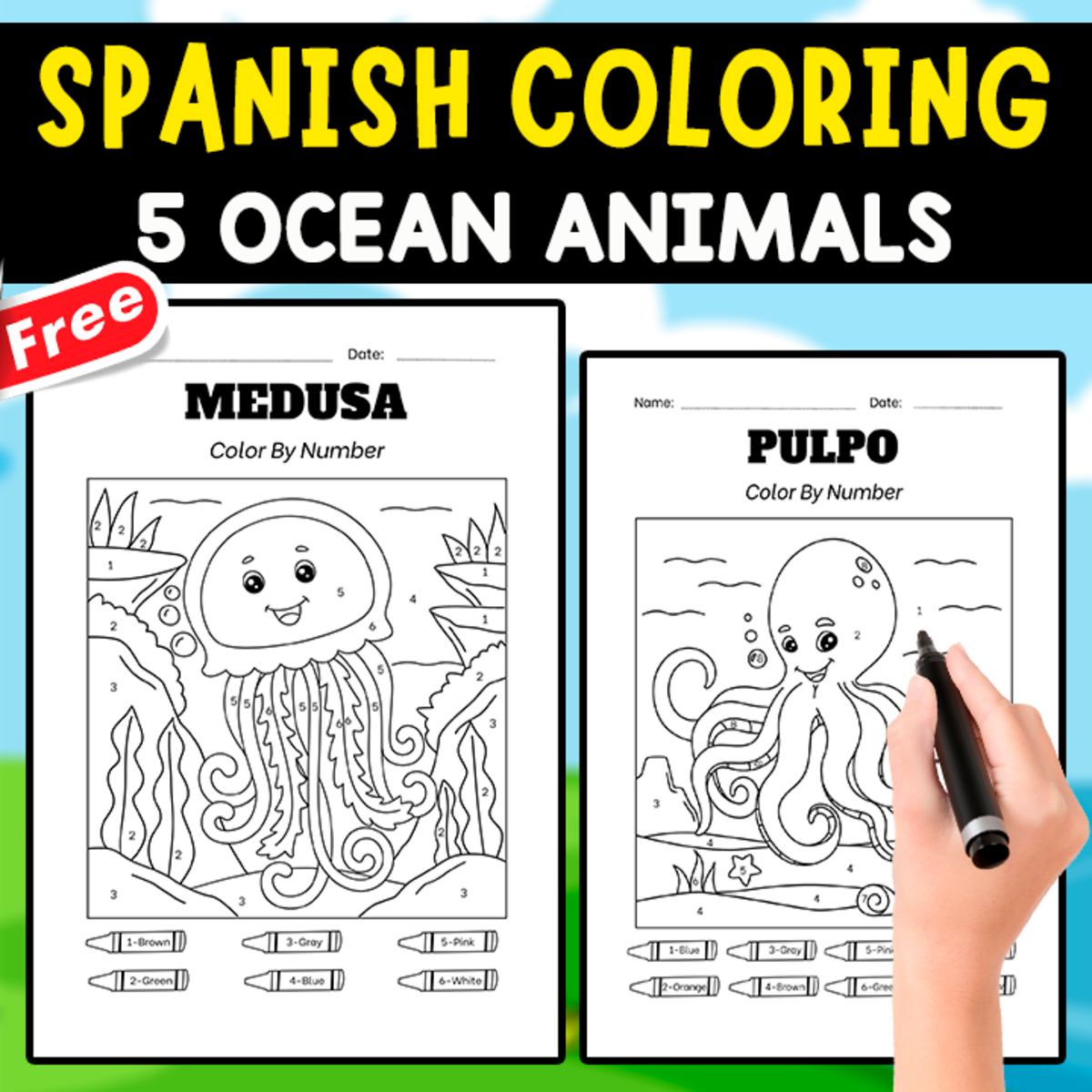 An educational teaching resource from EDITORIAL LAURA EDUCA entitled 5 OCEAN ANIMALS IN SPANISH | COLORING PAGES downloadable at Teach Simple.