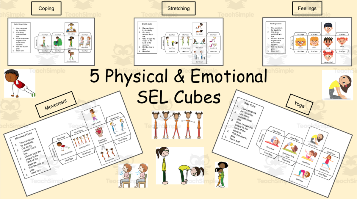 An educational teaching resource from Jennifer Moyer Taylor entitled 5 Physical & Emotional SEL Cubes downloadable at Teach Simple.