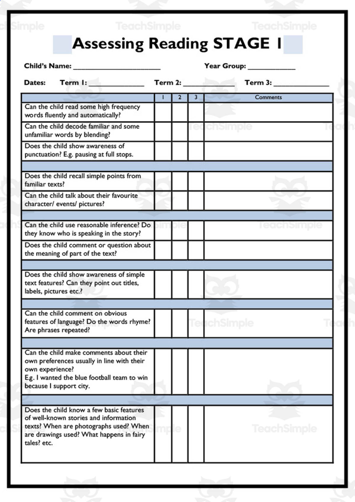 An educational teaching resource from Elementary Resources 4 U entitled 5 Stages of Assessing Reading Packet downloadable at Teach Simple.