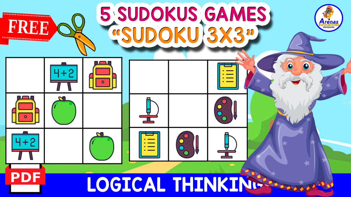 An educational teaching resource from EDITORIAL LAURA EDUCA entitled 5 SUDOKUS GAMES OF SCHOOL ICONS | FREE RESOURCE downloadable at Teach Simple.