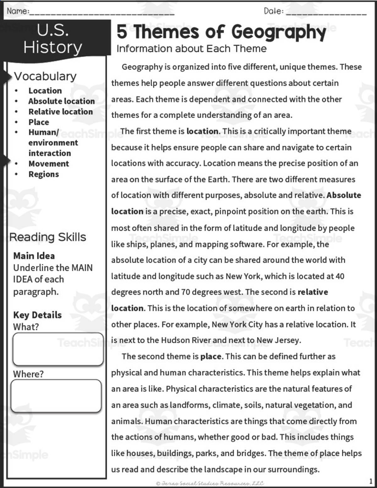 An educational teaching resource from Sarah Miller Tech entitled 5 Themes of Geography Reading Packet downloadable at Teach Simple.