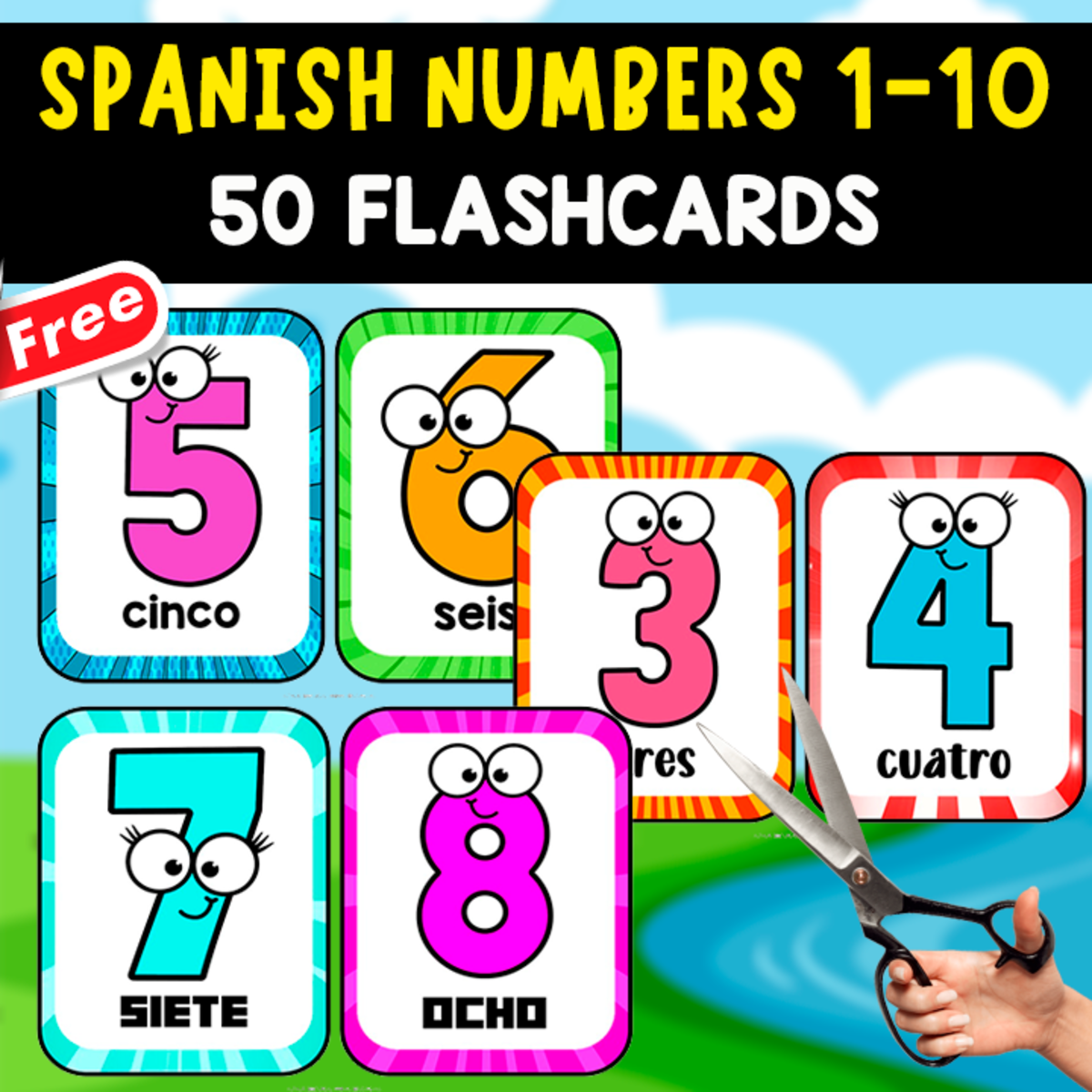 An educational teaching resource from EDITORIAL LAURA EDUCA entitled 50 FLASHCARDS OF NUMBERS IN SPANISH | 1 TO 10 downloadable at Teach Simple.