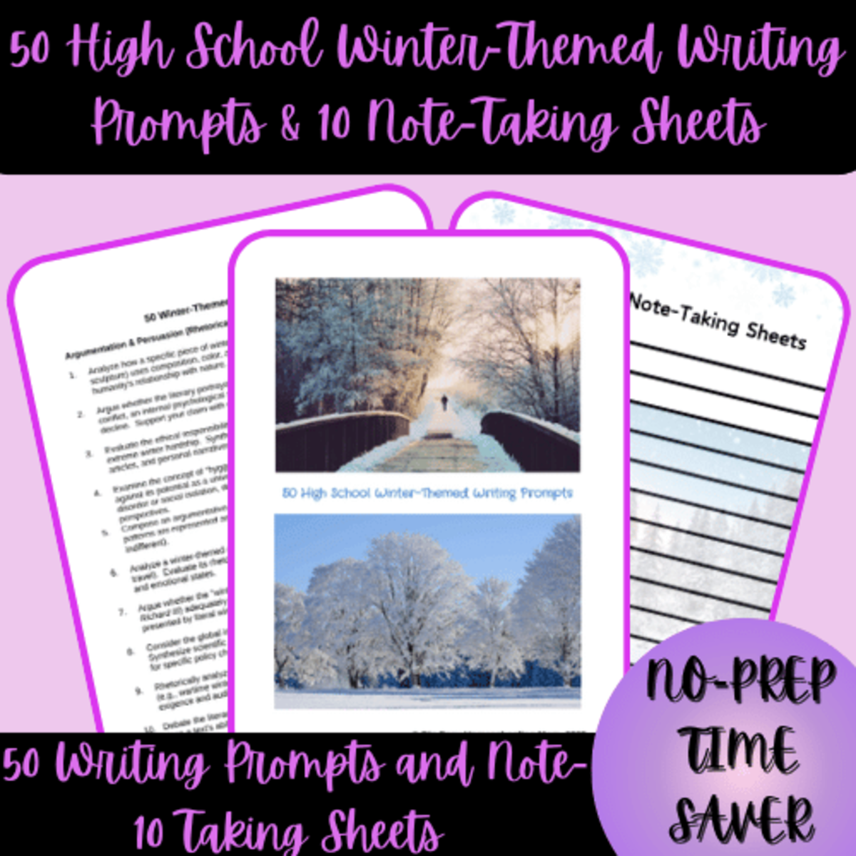 An educational teaching resource from Homeschool with Big Easy Homeschooling Mom entitled 50 High School ELA Winter-Themed Writing Prompts & Note-Taking Sheets downloadable at Teach Simple.