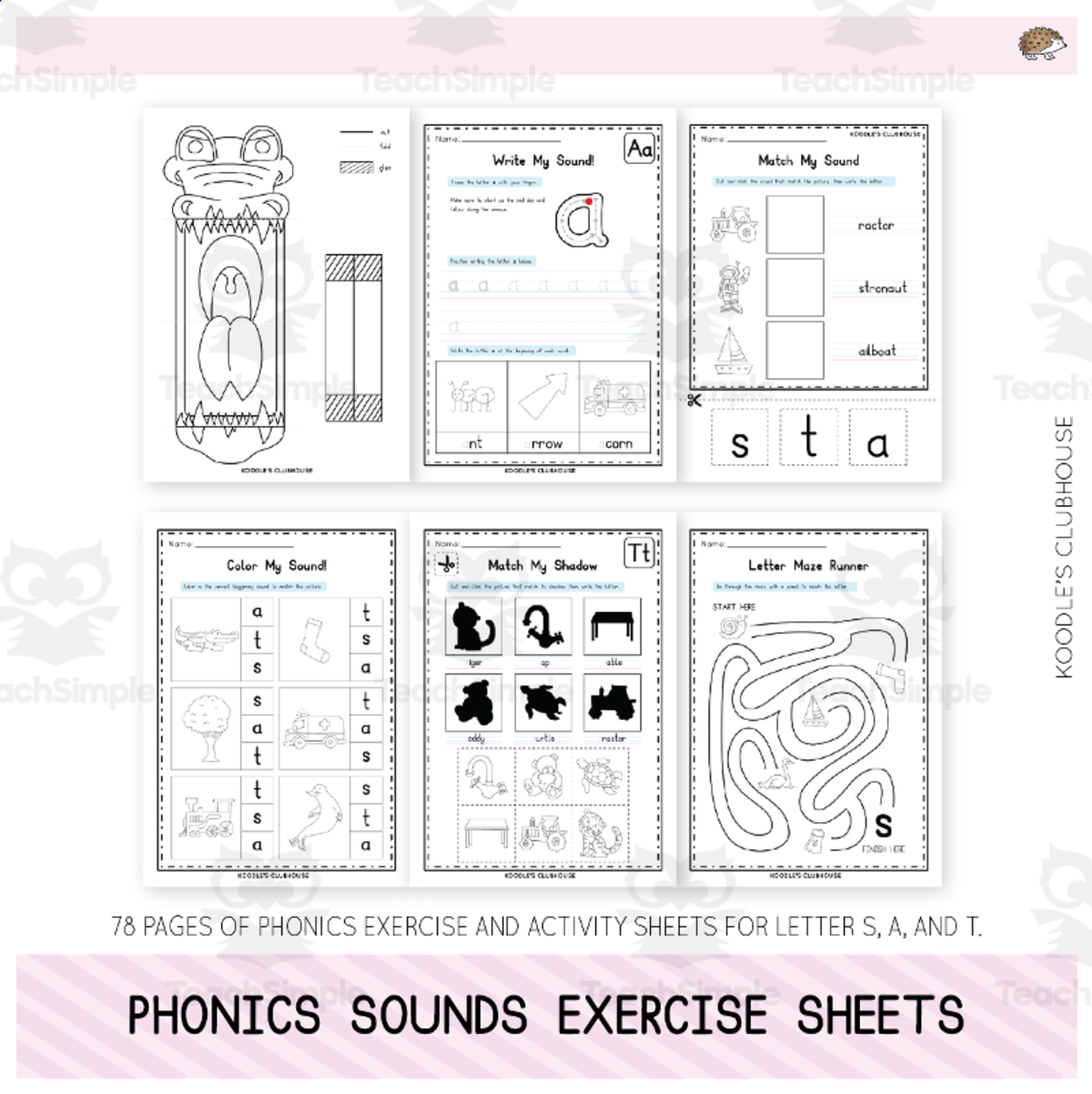 An educational teaching resource from Koodles Clubhouse entitled 50+ Phonics Exercise Sheets (s,a,t) downloadable at Teach Simple.