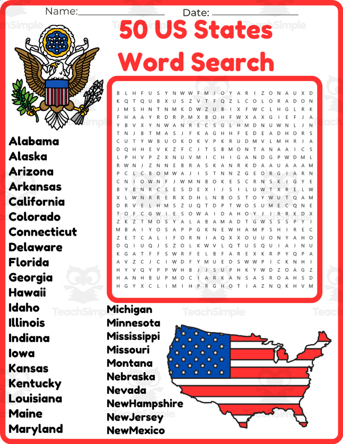An educational teaching resource from space shope entitled 50 States Word Search worksheet activity downloadable at Teach Simple.