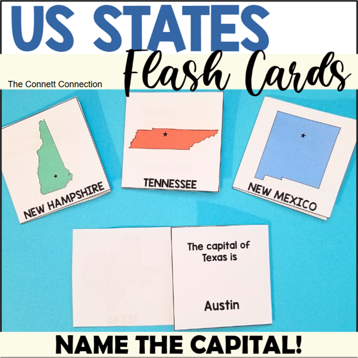 An educational teaching resource from The Connett Connection entitled 50 US States and Capitals Foldable Flash Cards downloadable at Teach Simple.