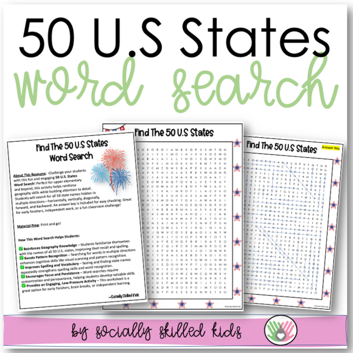 An educational teaching resource from Socially Skilled Kids entitled 50 U.S States Word Search downloadable at Teach Simple.
