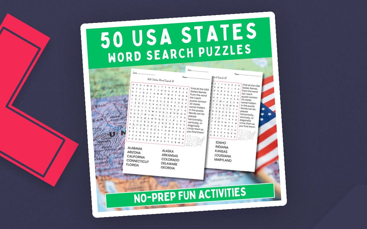 An educational teaching resource from Perfect_Printables entitled 50 USA States Word Search Puzzle | United States Geography Puzzles downloadable at Teach Simple.
