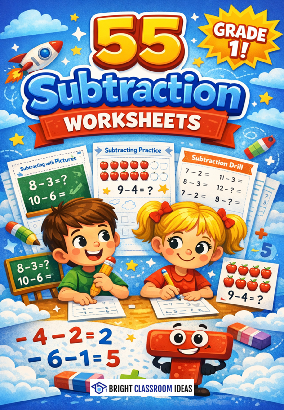An educational teaching resource from Bright Classroom Ideas Marketplace entitled 55 Subtraction Worksheets for Grade 1 downloadable at Teach Simple.