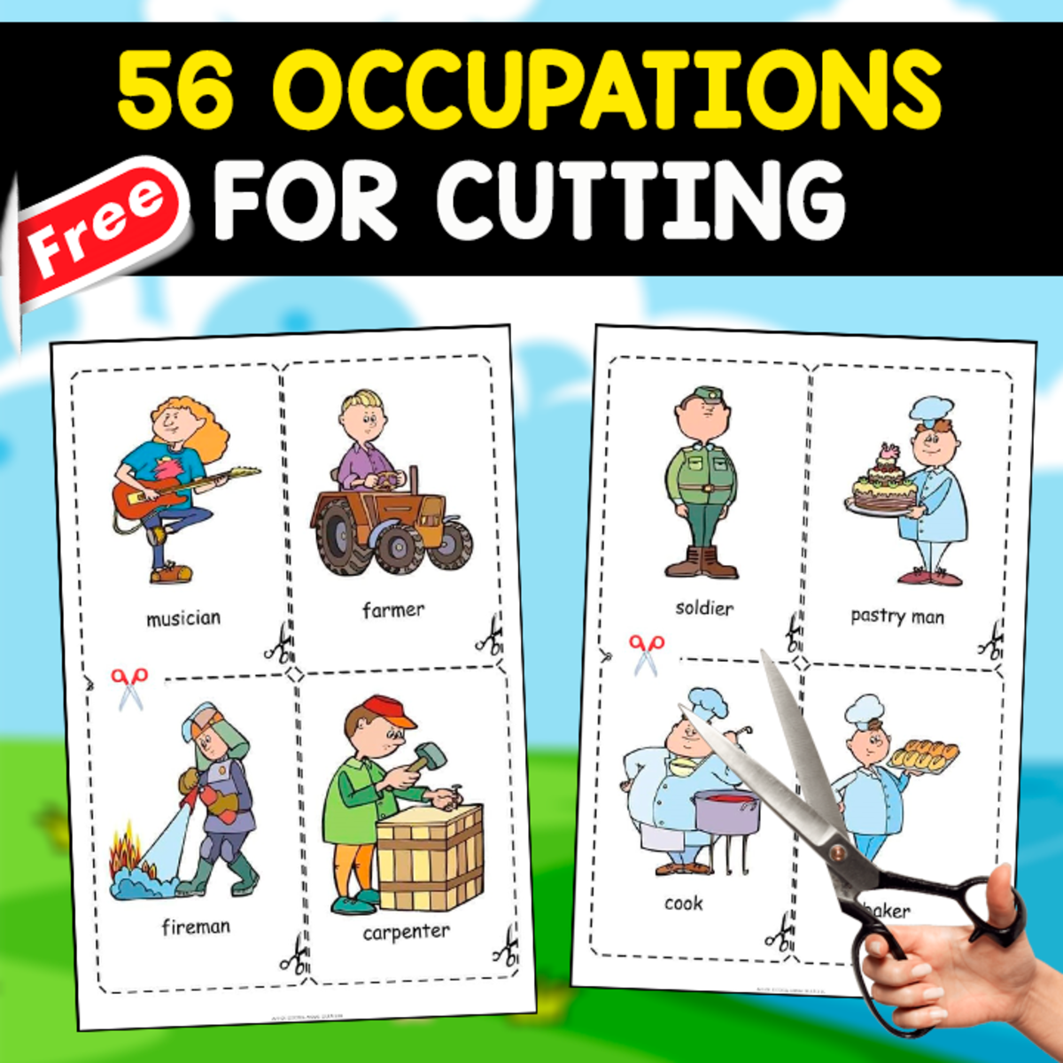 An educational teaching resource from EDITORIAL LAURA EDUCA entitled 56 FREE OCCUPATIONS POSTERS | FOR CUTTING downloadable at Teach Simple.