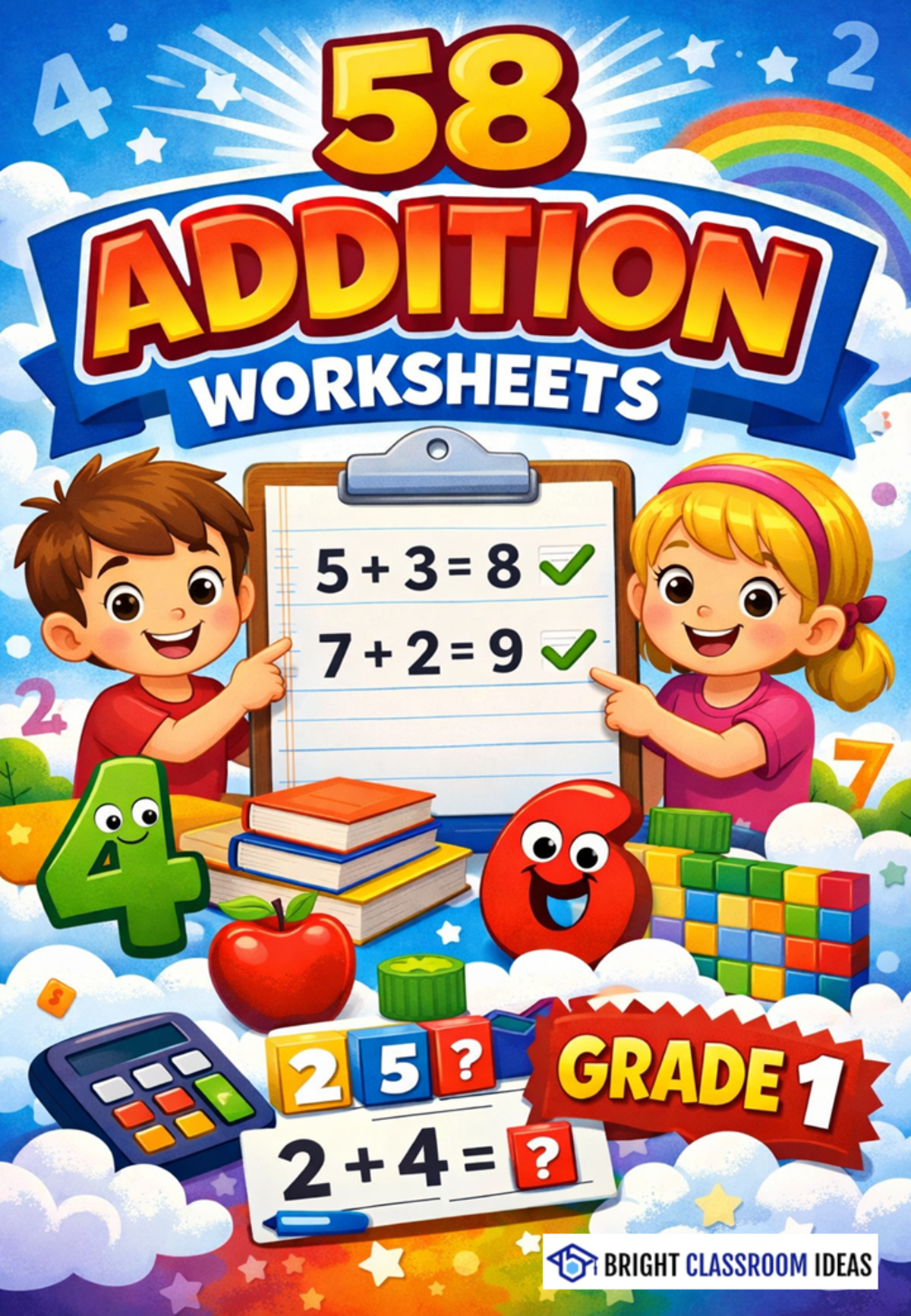 An educational teaching resource from Bright Classroom Ideas Marketplace entitled 58 Addition Worksheets for Grade 1 downloadable at Teach Simple.