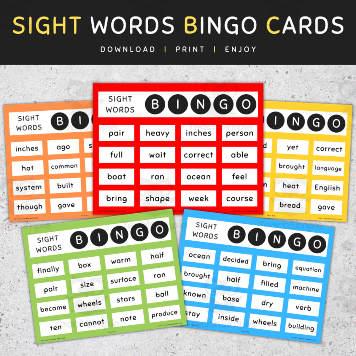 An educational teaching resource from TeacherYouWant entitled 5th 100 Fry Sight Words: Bingo Cards downloadable at Teach Simple.