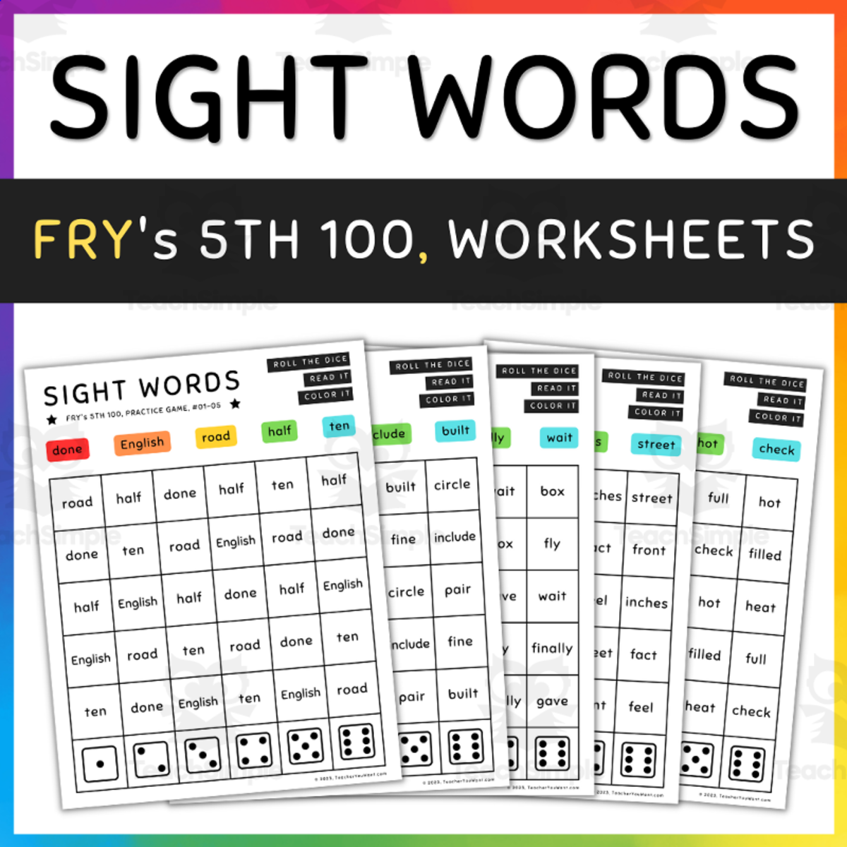 An educational teaching resource from TeacherYouWant entitled 5th 100 Fry Sight Words Practice Game , Roll & Color, Fun Activity - SET 9 (b) downloadable at Teach Simple.