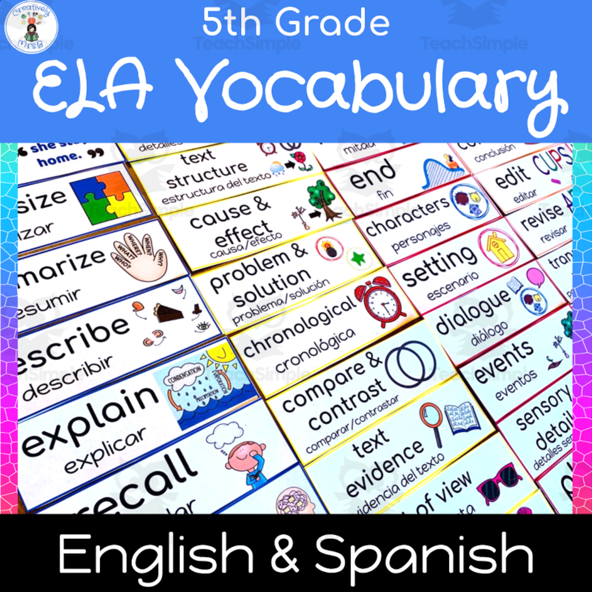 An educational teaching resource from Creatively Mrs. B entitled 5th Grade ELA Vocabulary Bilingual Word Wall Cards downloadable at Teach Simple.