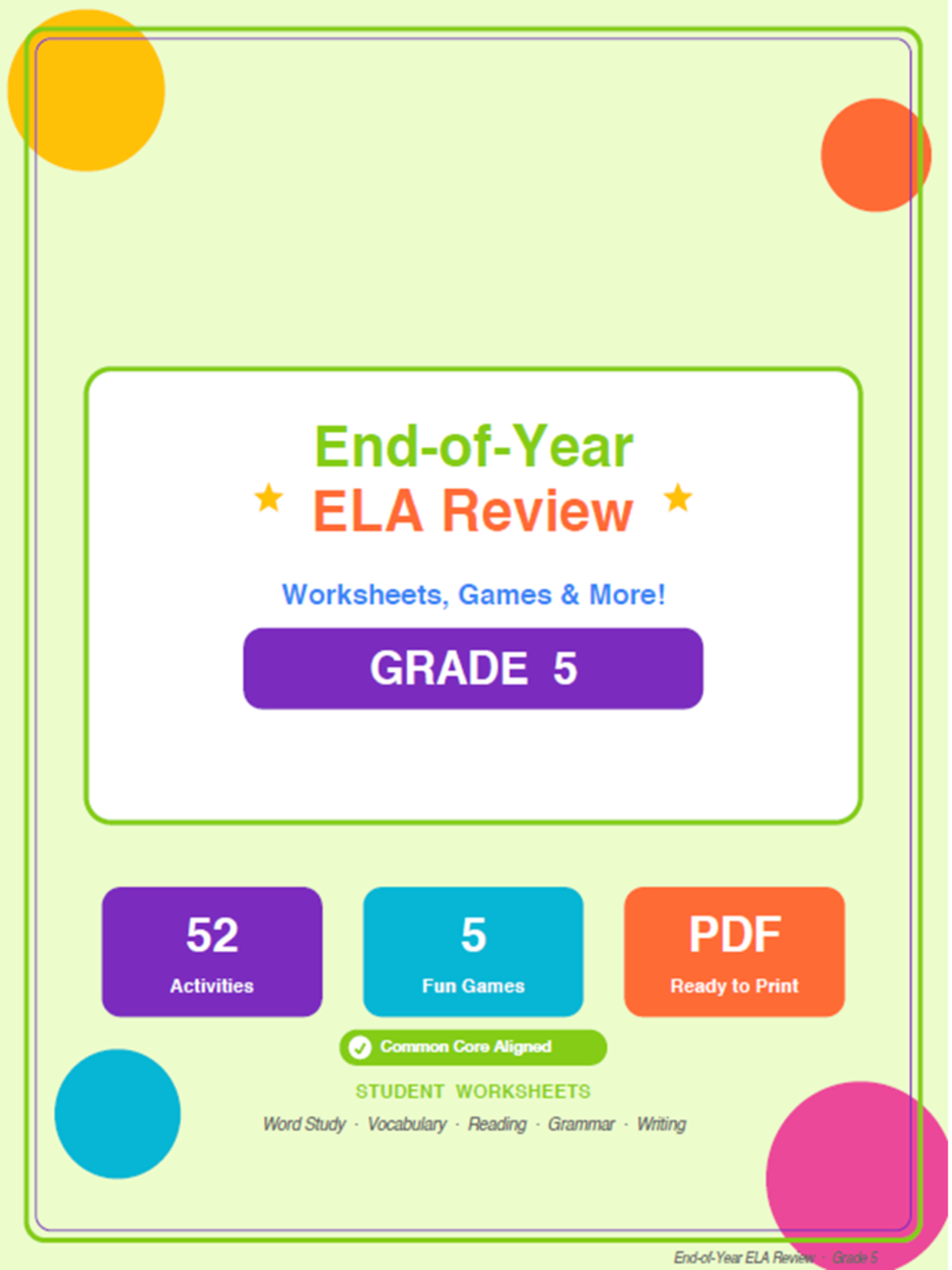 An educational teaching resource from Bright Classroom Ideas Marketplace entitled 5th Grade End of Year ELA Review Worksheets & Games downloadable at Teach Simple.