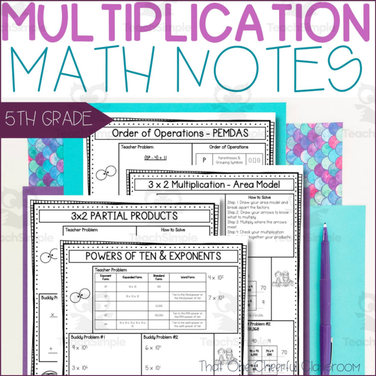 An educational teaching resource from That One Cheerful Classroom entitled 5th Grade Place Value, Multiplication, Exponents Math Notes downloadable at Teach Simple.
