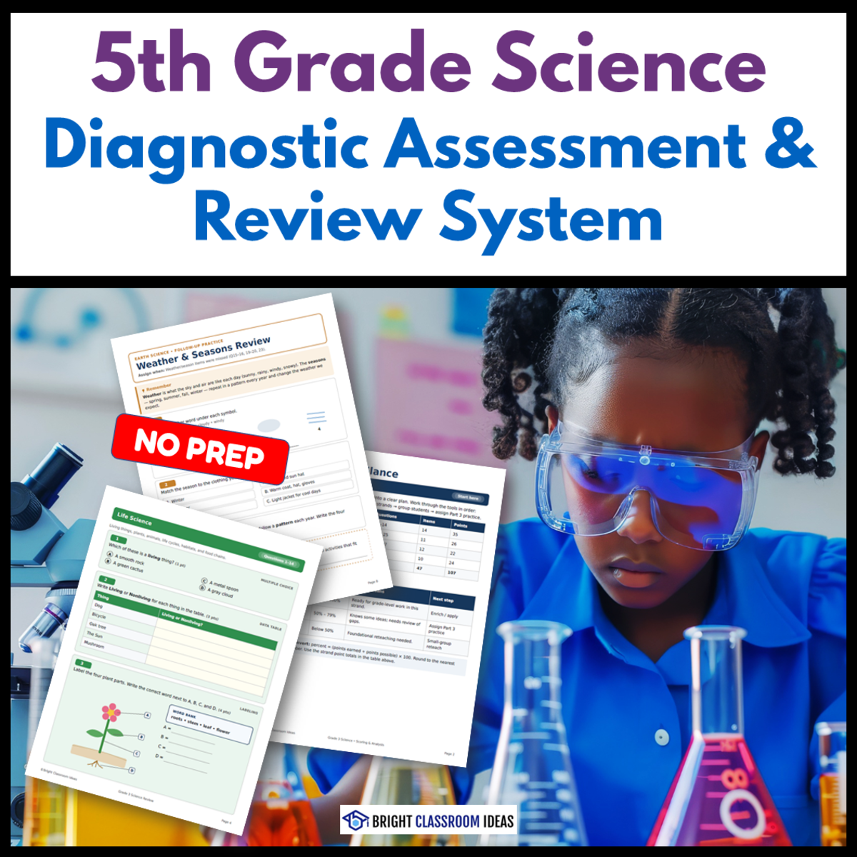An educational teaching resource from Bright Classroom Ideas Marketplace entitled 5th Grade Science Diagnostic Assessment & Review System downloadable at Teach Simple.