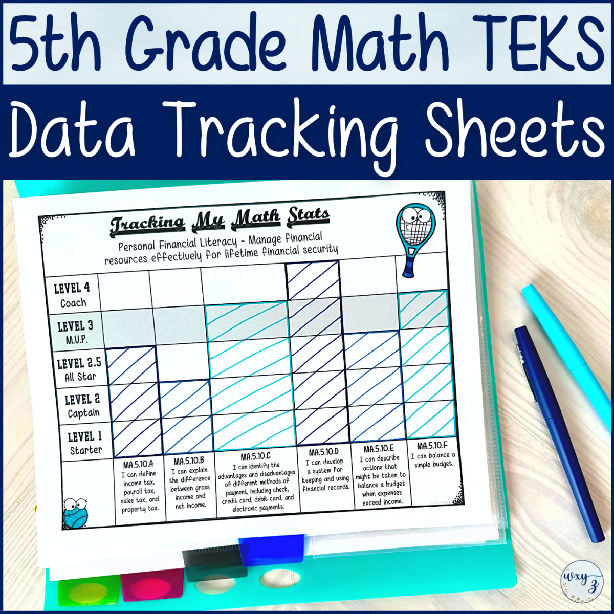 An educational teaching resource from The End of the Alphabet entitled 5th Grade TEKS Math Student Data Tracking Sheets downloadable at Teach Simple.