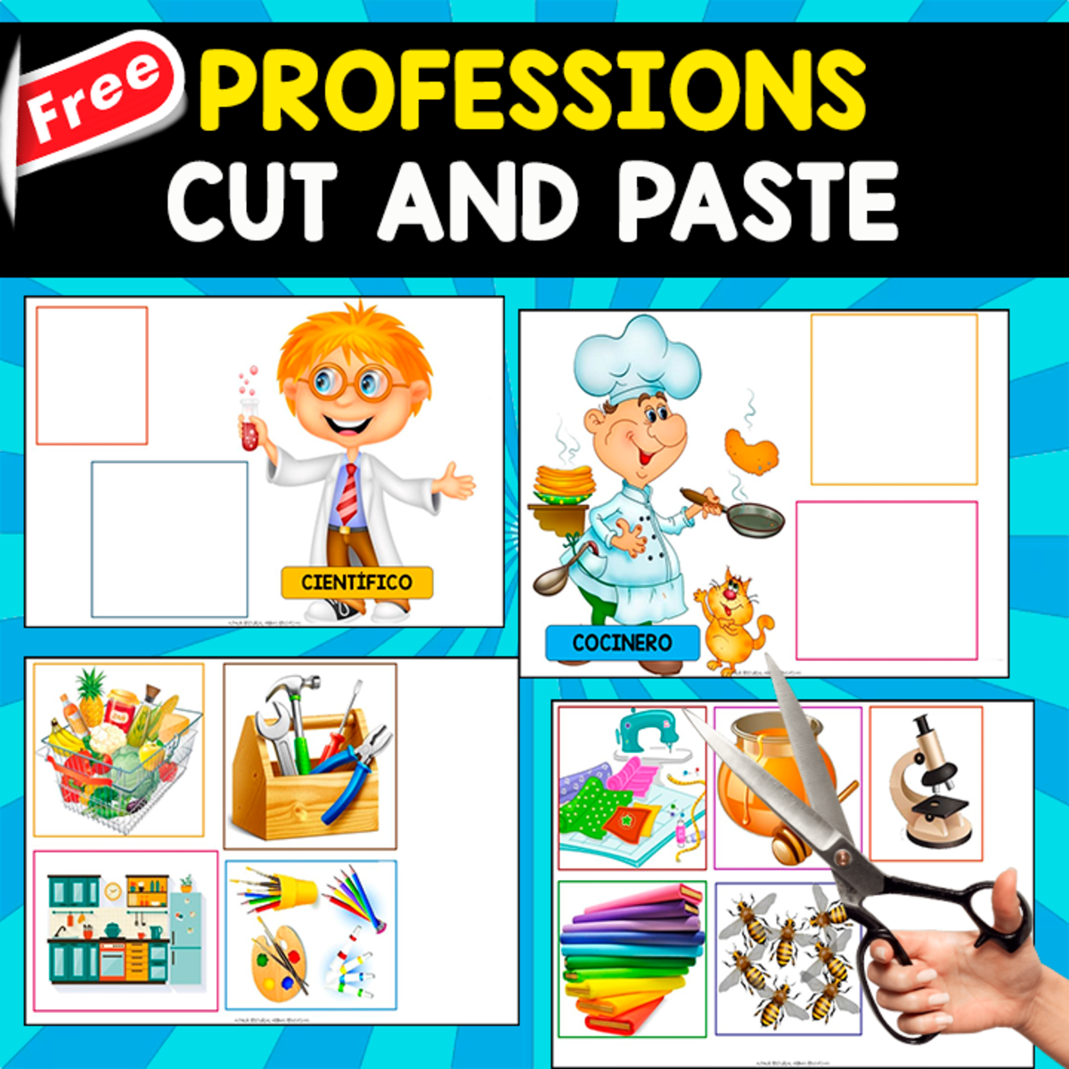 An educational teaching resource from EDITORIAL LAURA EDUCA entitled 6 PROFESSIONS IN SPANISH | CUT AND PASTE RESOURCE downloadable at Teach Simple.