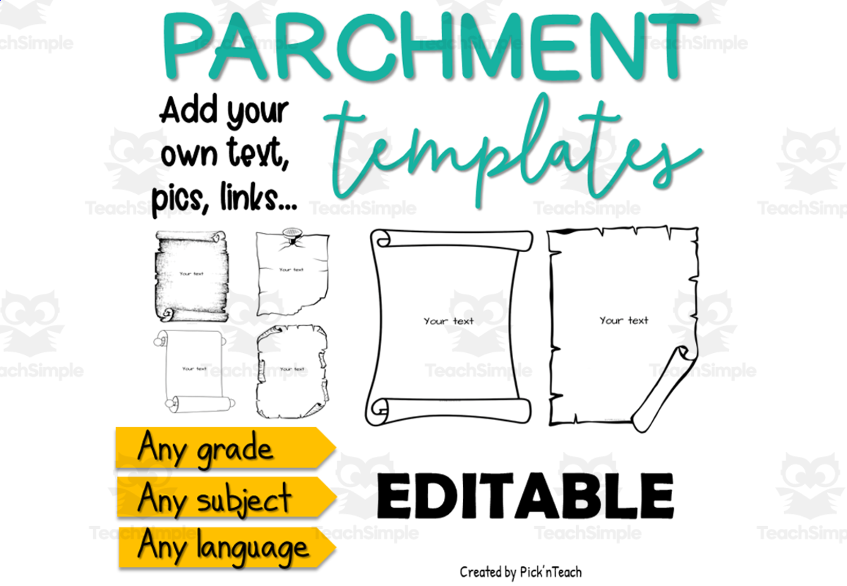 An educational teaching resource from Pick'n Teach entitled 60+ parchment templates Any subject Add your own text & images downloadable at Teach Simple.