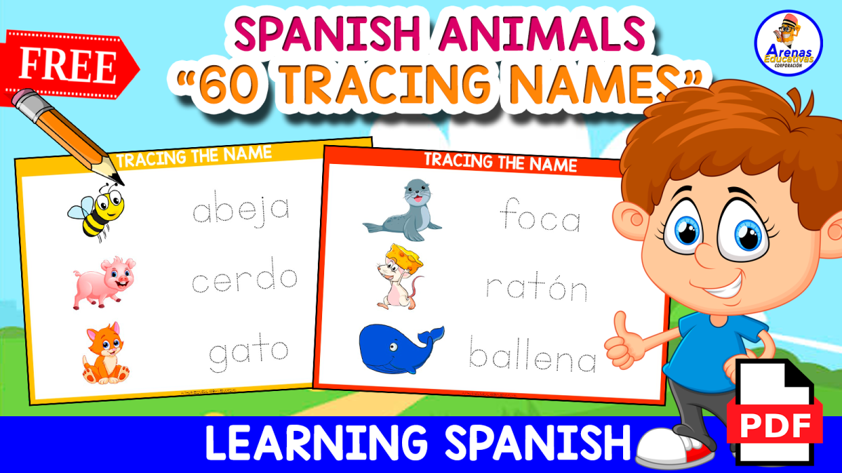 An educational teaching resource from EDITORIAL LAURA EDUCA entitled 60 TRACING NAMES OF ANIMALES | Spanish Vocabulary downloadable at Teach Simple.