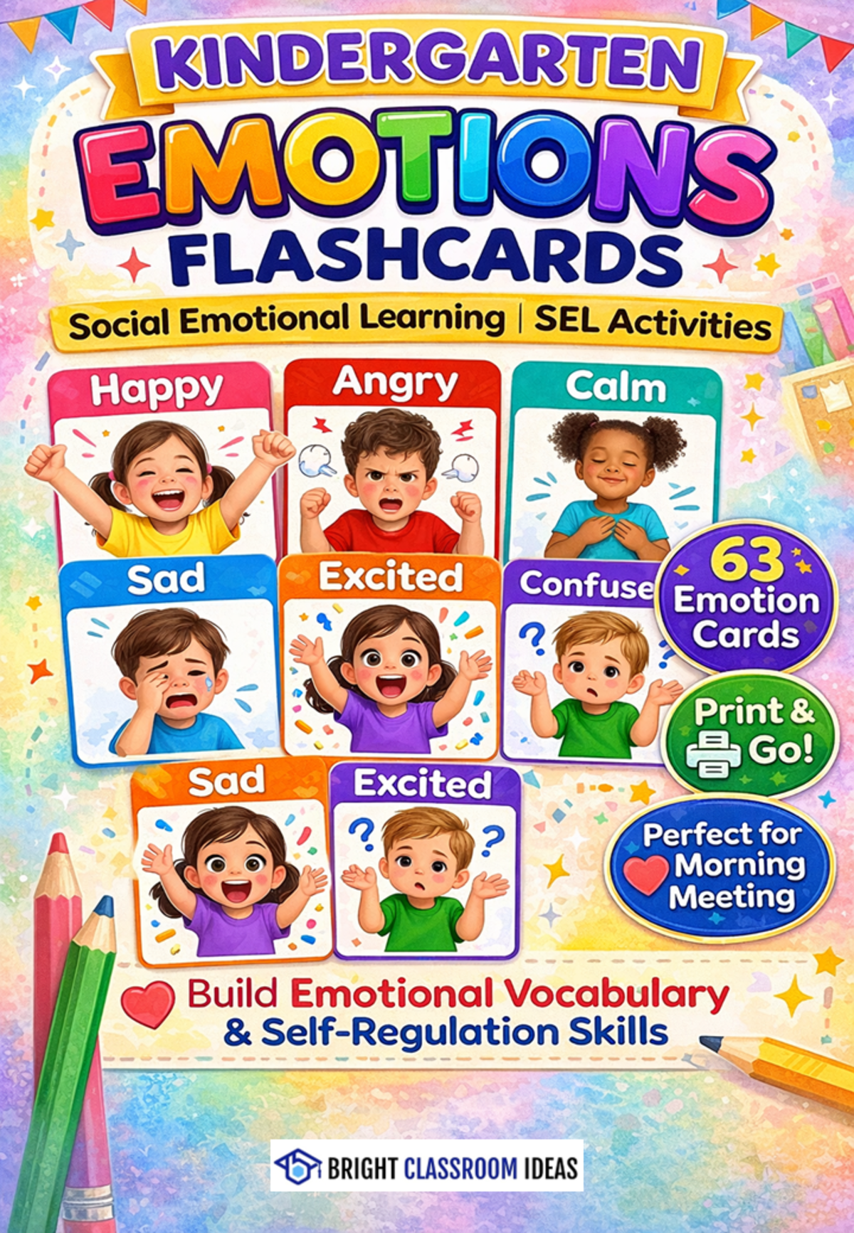 An educational teaching resource from Bright Classroom Ideas Marketplace entitled 63 Kindergarten Emotions Flashcards downloadable at Teach Simple.