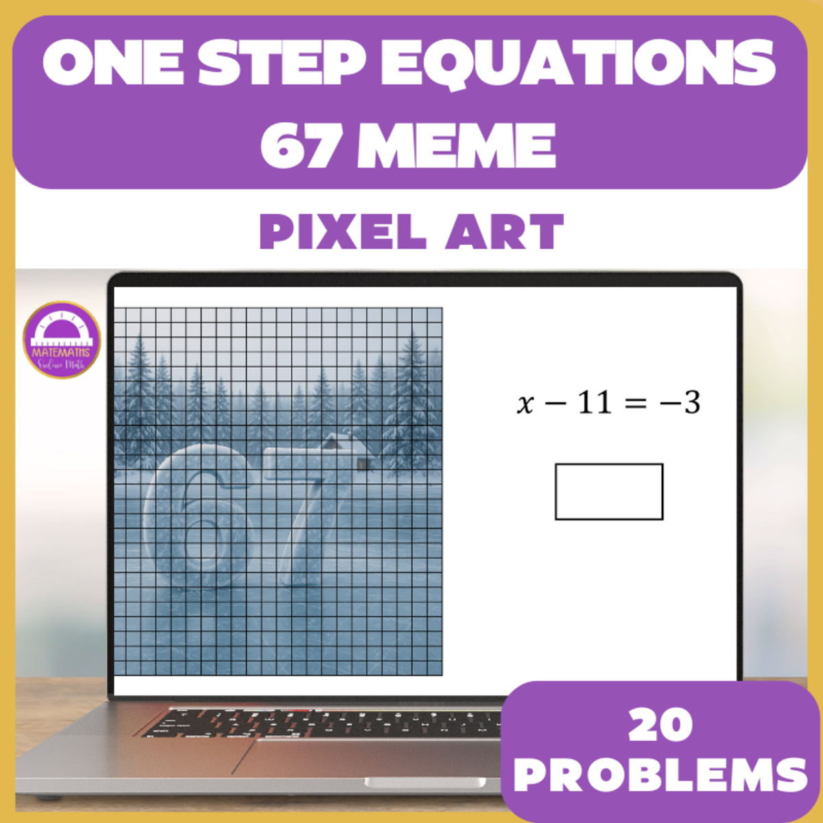 An educational teaching resource from Matemaths entitled 67 Meme Winter Christmas Solving One Step Equations Pixel Art downloadable at Teach Simple.
