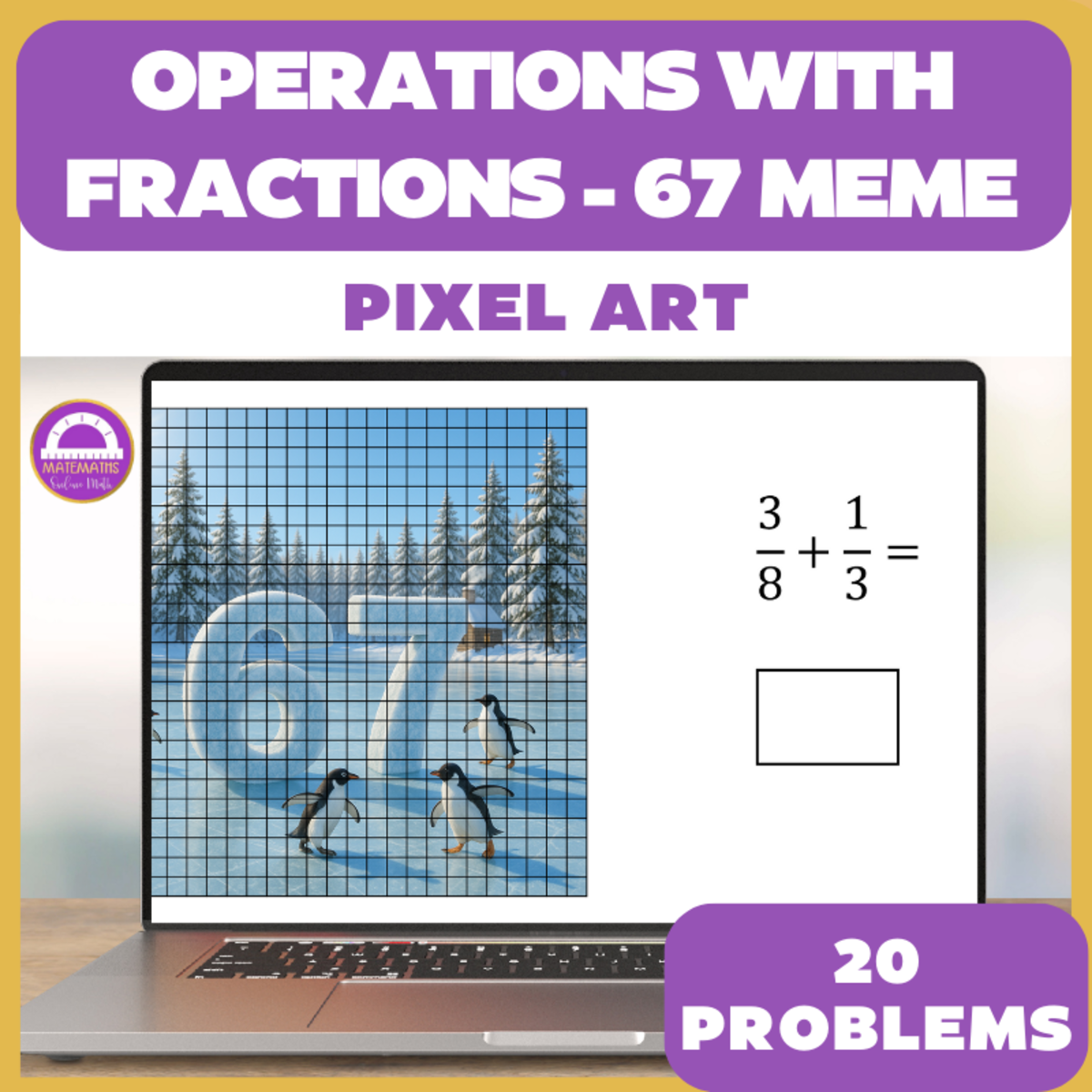 An educational teaching resource from Matemaths entitled 67 Meme Winter Fraction Operations Pixel Art downloadable at Teach Simple.