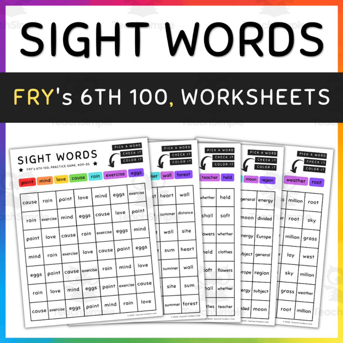 An educational teaching resource from TeacherYouWant entitled 6th 100 Fry Sight Words, Color by Sight Words Game - SET 9 (a) downloadable at Teach Simple.