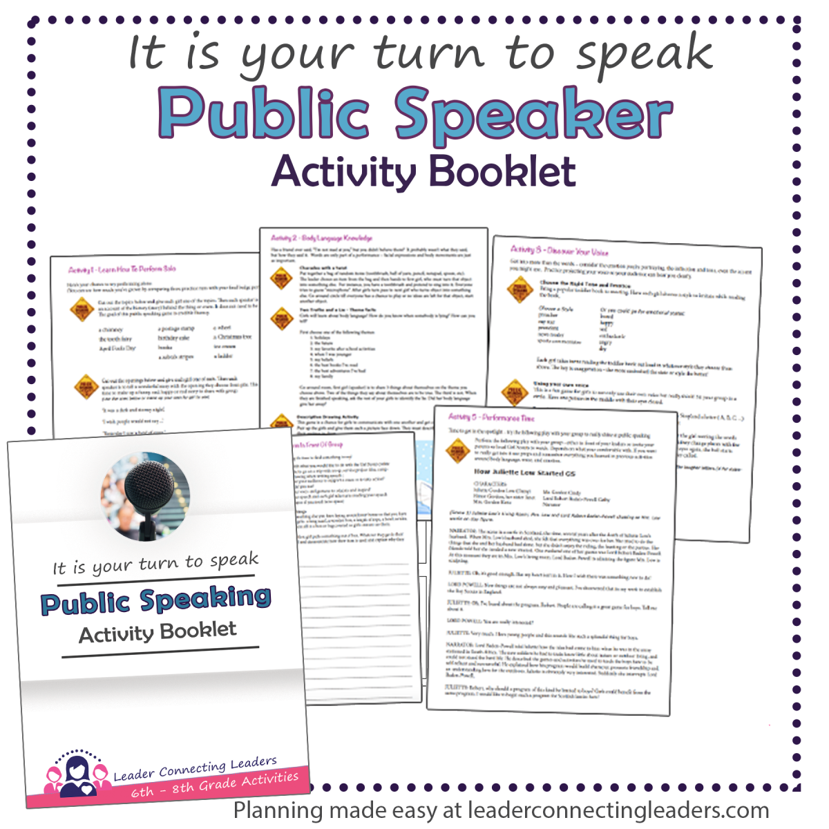 An educational teaching resource from Leader Connecting Leaders entitled 6th-8th grade: Public Speaking Activity Booklet downloadable at Teach Simple.