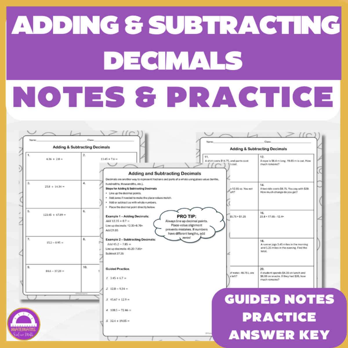 An educational teaching resource from Matemaths entitled 6th Grade Adding & Subtracting Decimals – Guided Notes & Practice downloadable at Teach Simple.