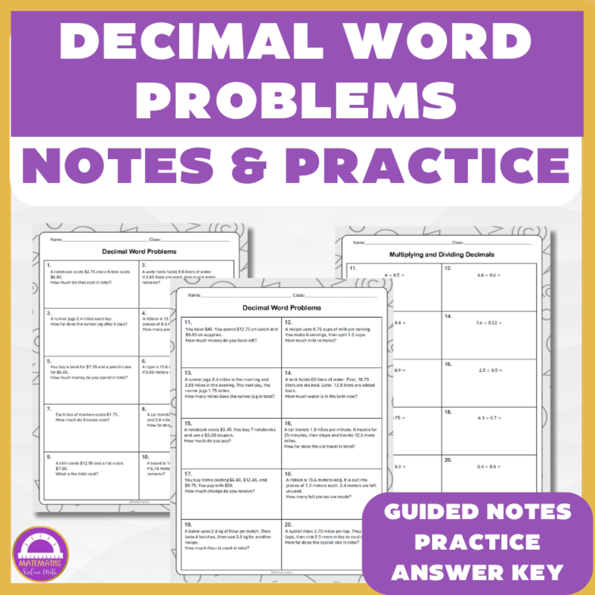 An educational teaching resource from Matemaths entitled 6th Grade Decimal Word Problems – Guided Notes & Practice downloadable at Teach Simple.