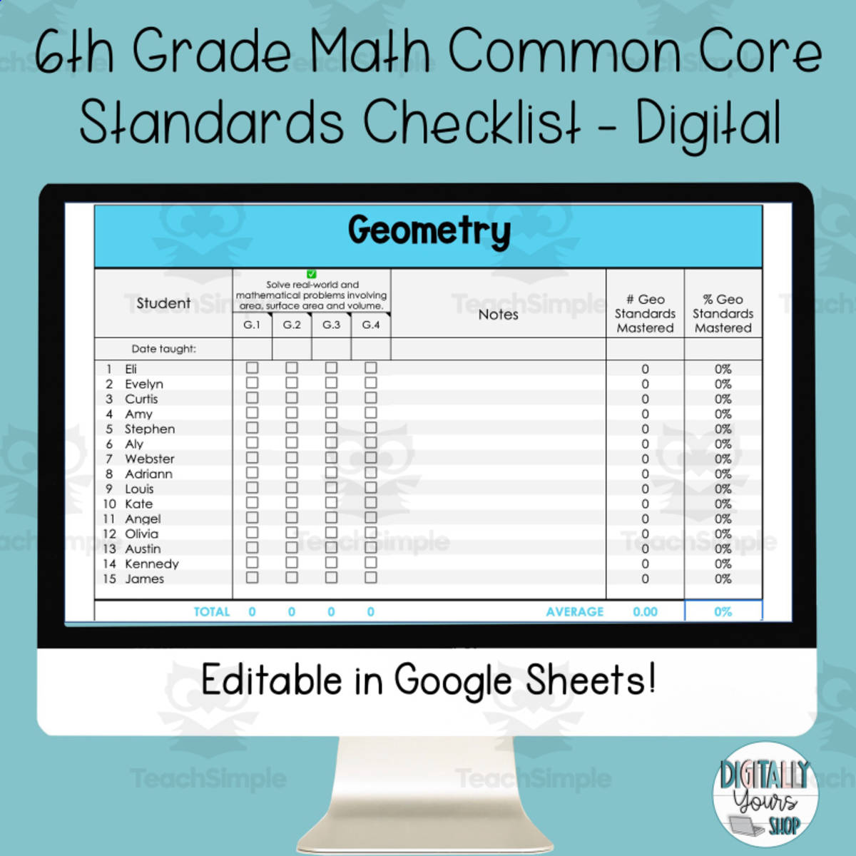 An educational teaching resource from Digitally Yours Shop entitled 6th Grade Math Common Core State Standards Checklist - Digital downloadable at Teach Simple.