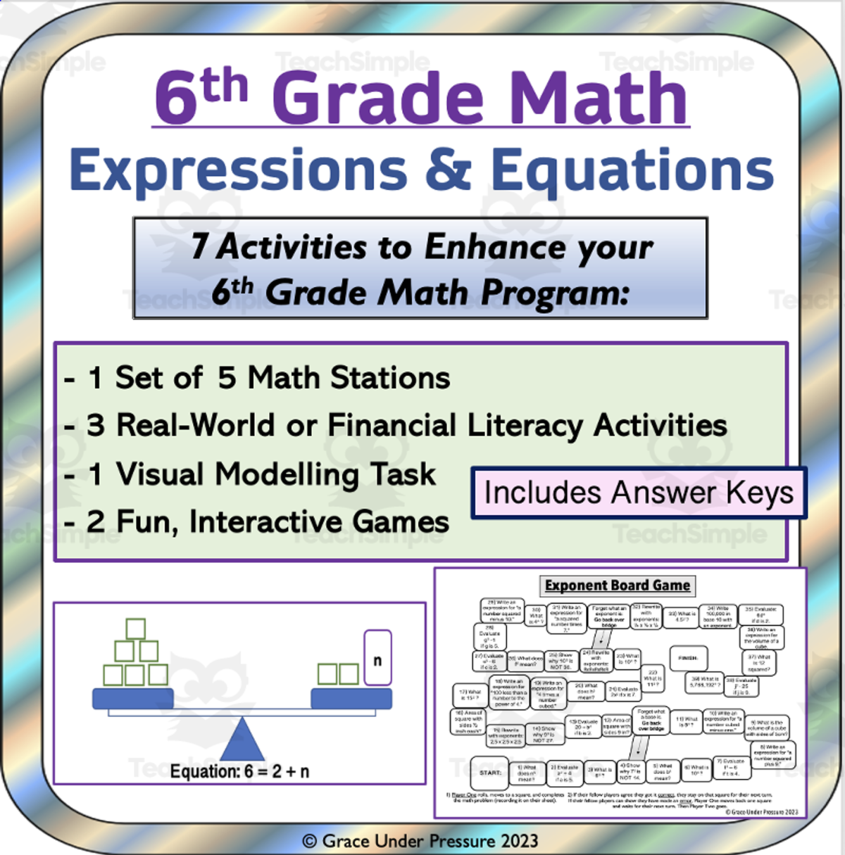 An educational teaching resource from Grace Under Pressure entitled 6th Grade Math: Expressions and Equations Bundle: 7 Activities downloadable at Teach Simple.