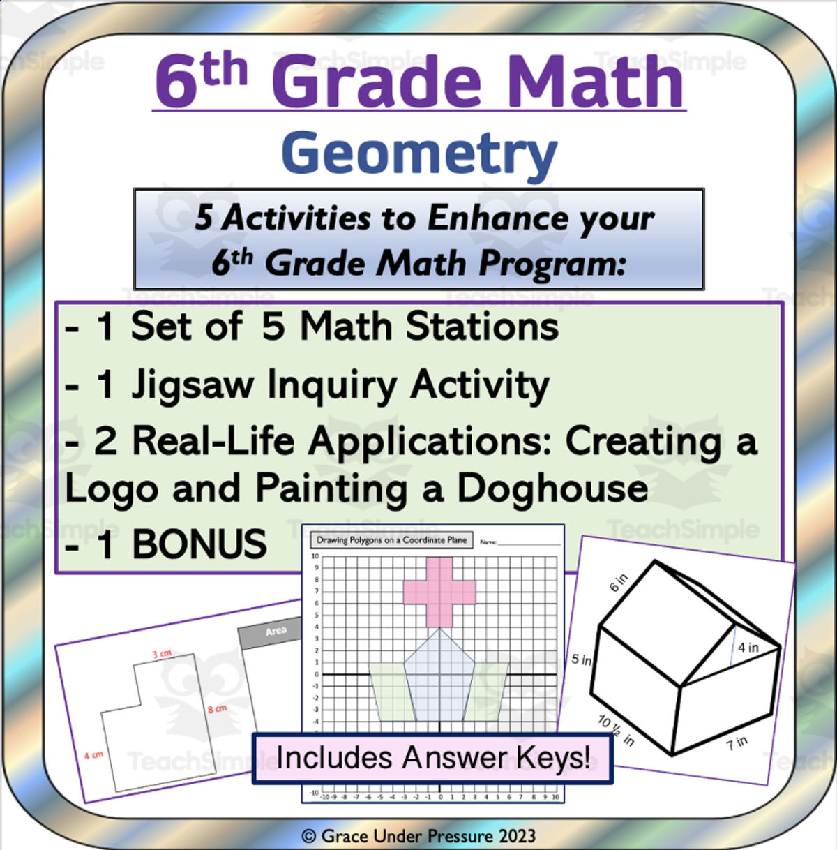 An educational teaching resource from Grace Under Pressure entitled 6th Grade Math: Geometry Bundle: 5 Activities: Area, Perimeter, Volume downloadable at Teach Simple.