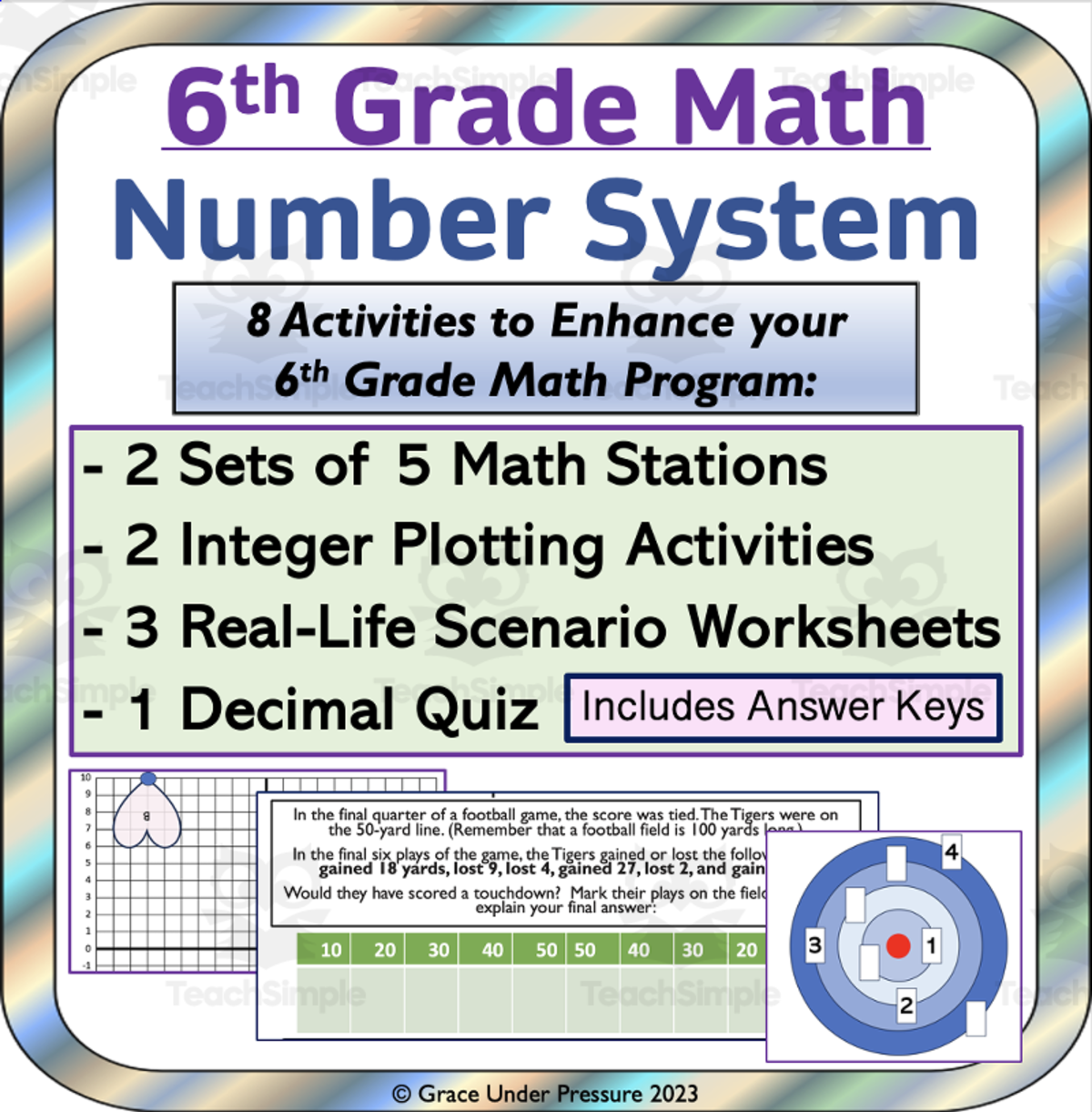 An educational teaching resource from Grace Under Pressure entitled 6th Grade Math: Number System Bundle: 8 Activities: Integers, Decimals downloadable at Teach Simple.