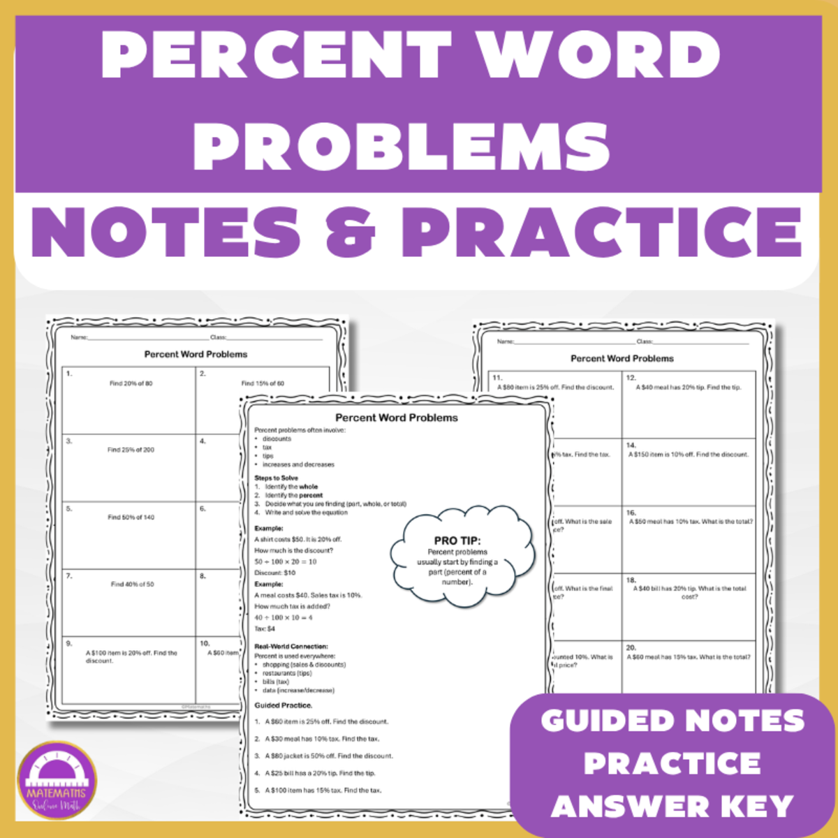 An educational teaching resource from Matemaths entitled 6th Grade Math Percent Word Problems Discount Tax & Tip Guided Notes downloadable at Teach Simple.