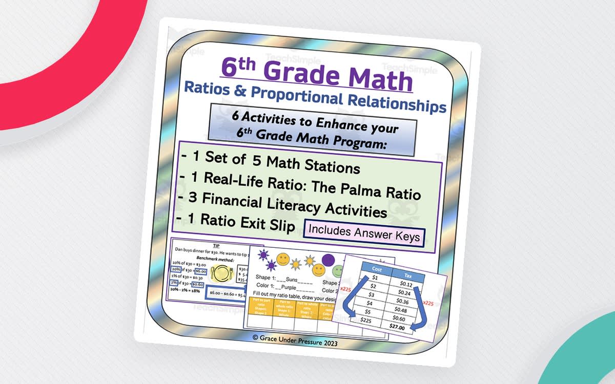 An educational teaching resource from Grace Under Pressure entitled 6th Grade Math: Ratio & Proportional Relationship Bundle: 6 Activities downloadable at Teach Simple.