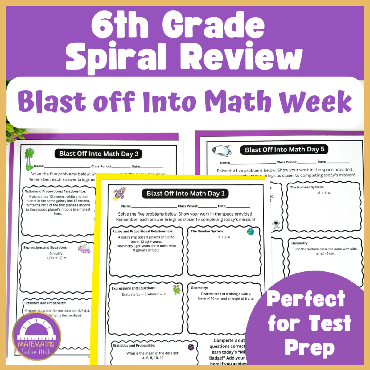 An educational teaching resource from Matemaths entitled 6th Grade Math Spiral Review: Space-Themed downloadable at Teach Simple.
