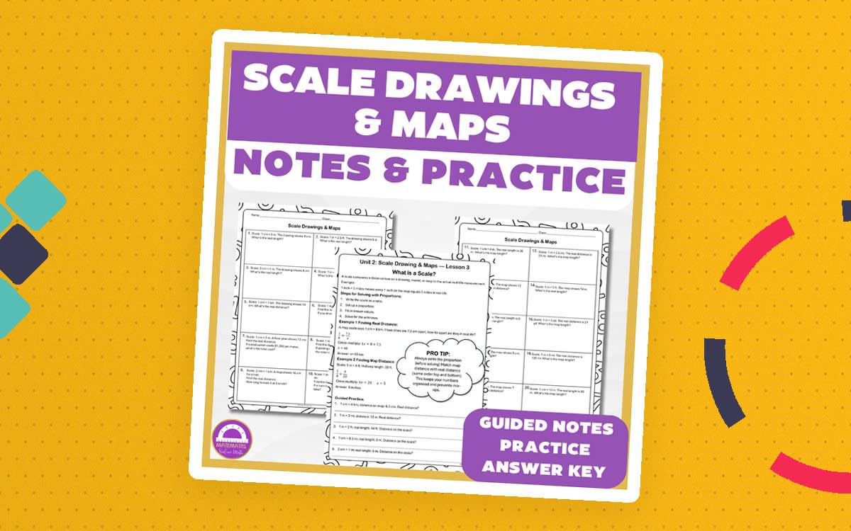 An educational teaching resource from Matemaths entitled 6th Grade Scale Drawings & Maps – Guided Notes & Word Problems downloadable at Teach Simple.
