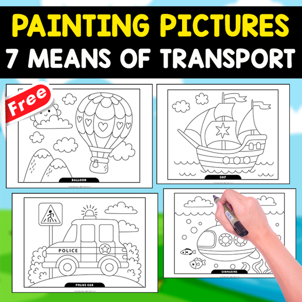 An educational teaching resource from EDITORIAL LAURA EDUCA entitled 7 MEANS OF TRANSPORT | FOR PAINTING AND COLORING downloadable at Teach Simple.