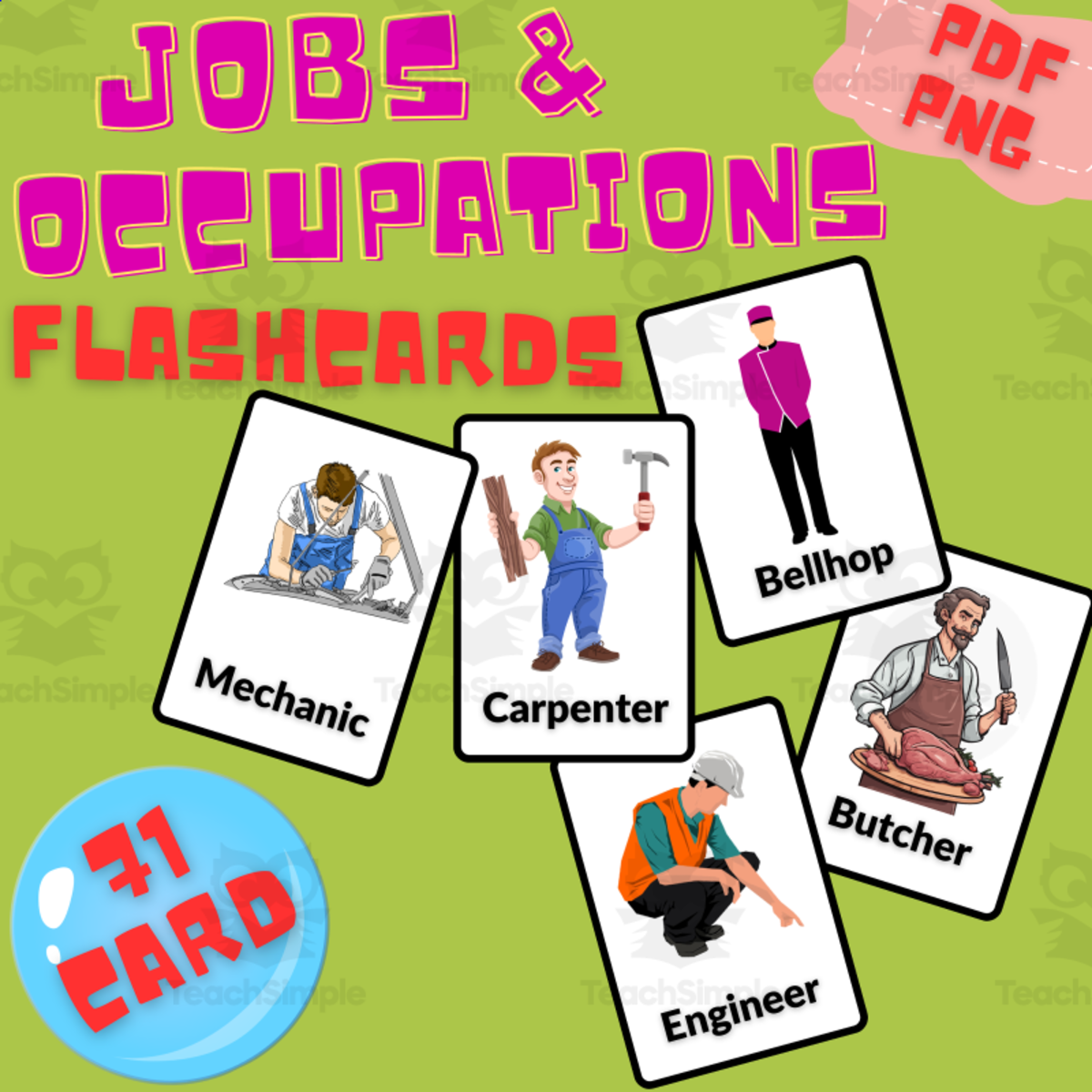 An educational teaching resource from Homeschoolingprints entitled 71 Jobs & Occupations In English Flashcards downloadable at Teach Simple.