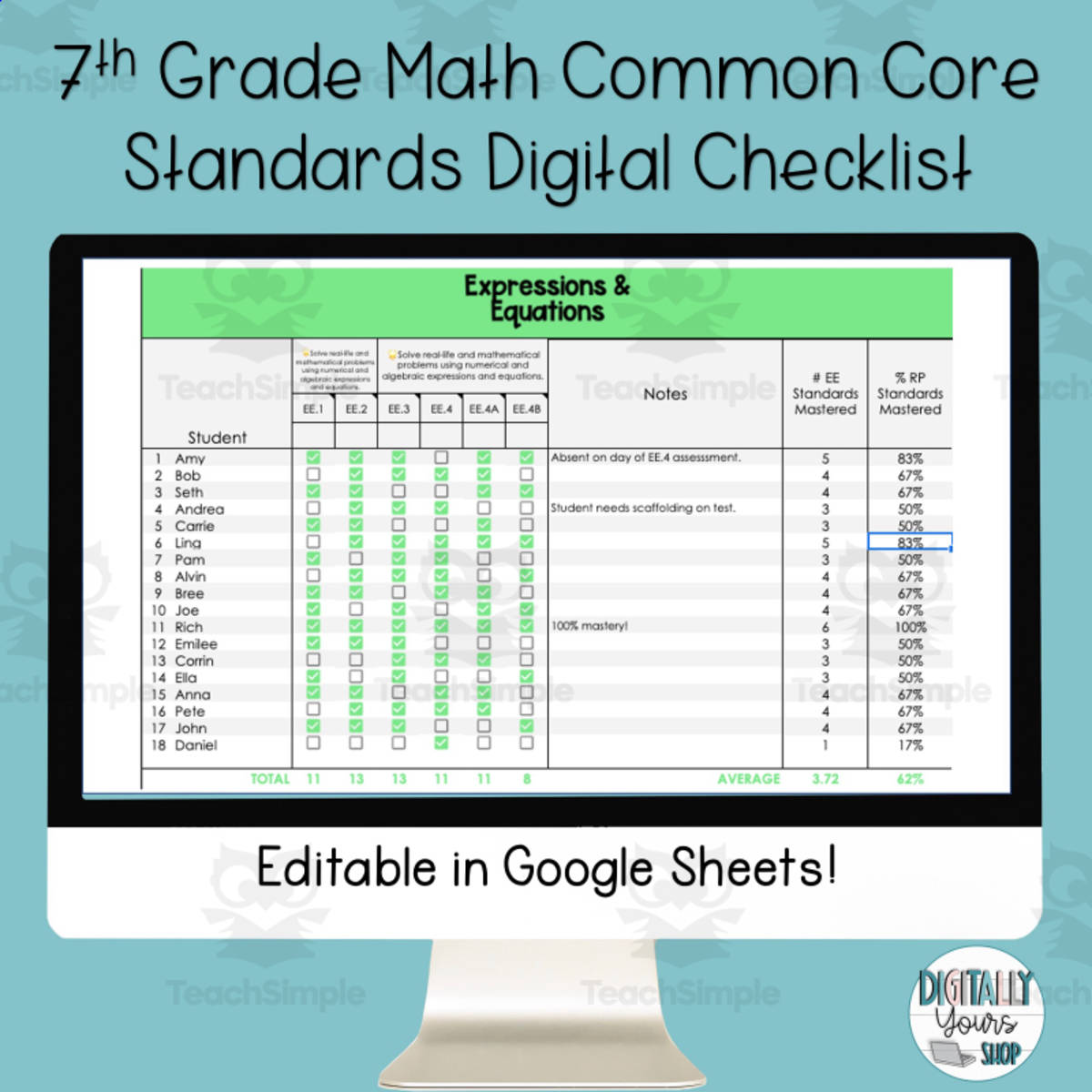 An educational teaching resource from Digitally Yours Shop entitled 7th Grade Math Common Core State Standards Checklist - Digital downloadable at Teach Simple.