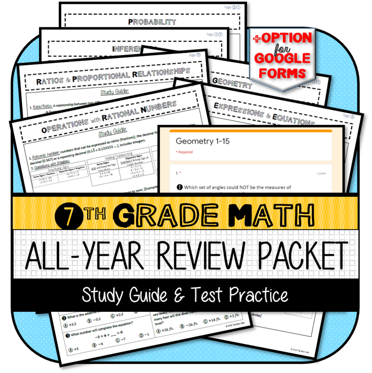 An educational teaching resource from The Math Cafe entitled 7th Grade Math Full-Year Review Packet downloadable at Teach Simple.