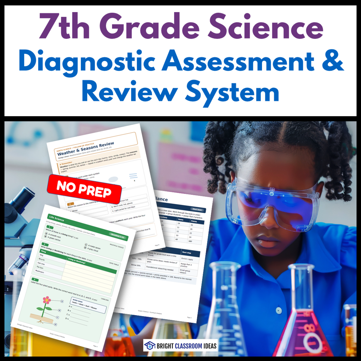 An educational teaching resource from Bright Classroom Ideas Marketplace entitled 7th Grade Science Diagnostic Assessment & Review System downloadable at Teach Simple.