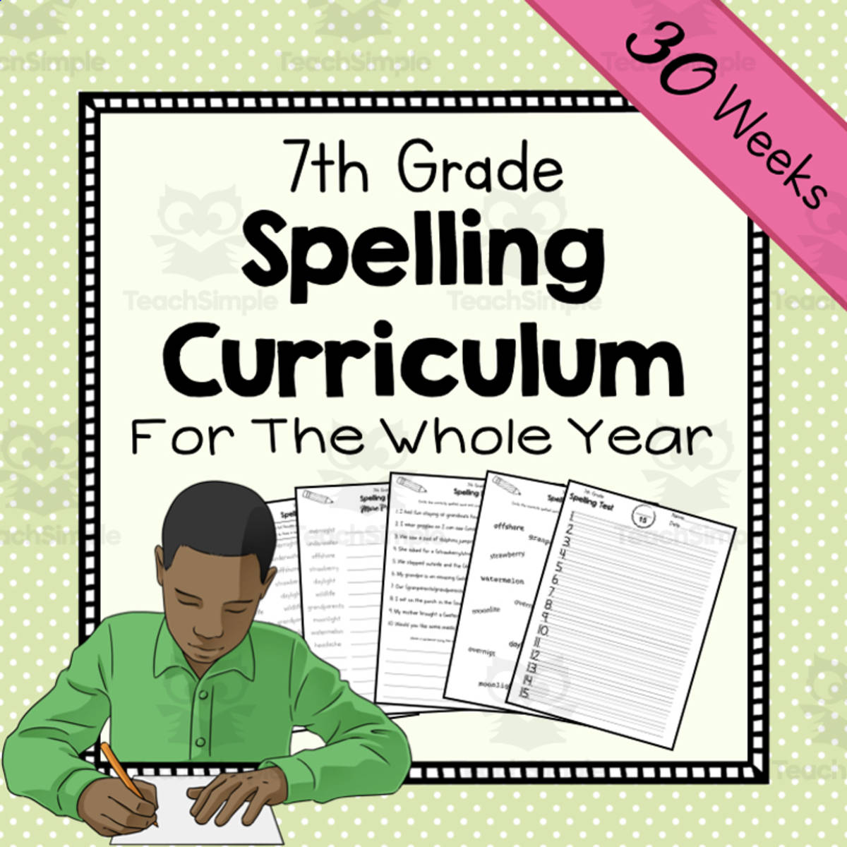 An educational teaching resource from Simply Schoolgirl entitled 7th Grade Spelling Unit | Spelling Curriculum  | Spelling Lists downloadable at Teach Simple.